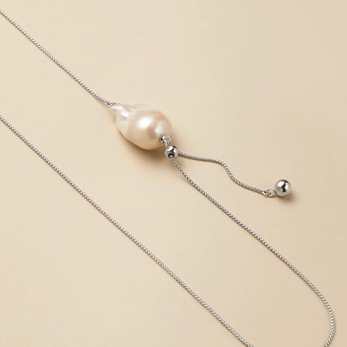 Elegant Baroque Pearl Clavicle Silver Long Necklace – Adjustable and Versatile